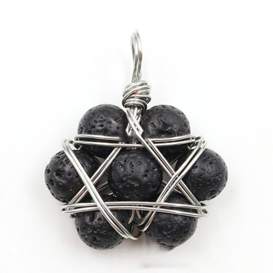 Picture of Lava Rock ( Natural ) Wire Wrapped Pendants Silver Tone Black Star Of David Hexagram Round 35mm x 22mm, 1 Piece