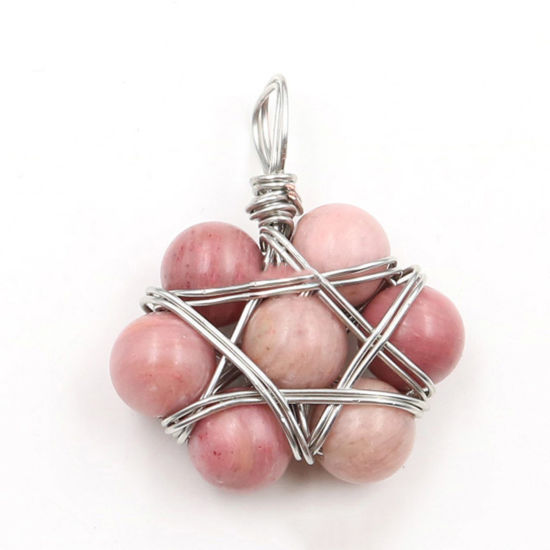 Picture of Rhodochrosite ( Natural ) Wire Wrapped Pendants Silver Tone Red Star Of David Hexagram Round 35mm x 22mm, 1 Piece