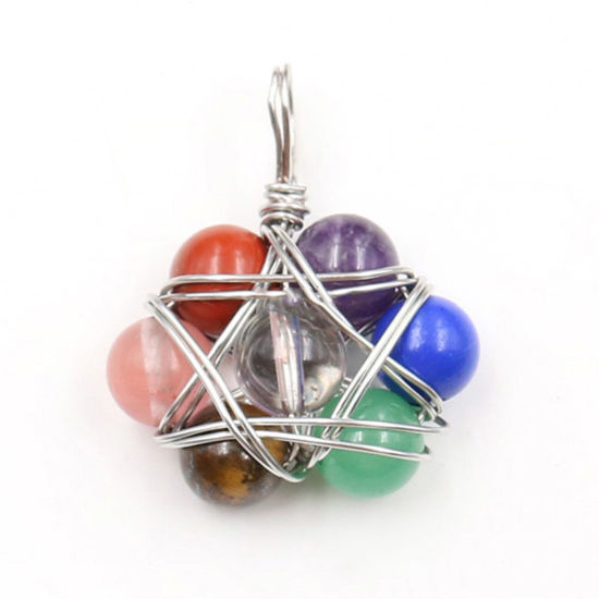 Picture of Gemstone ( Natural ) Wire Wrapped Pendants Silver Tone Multicolor Star Of David Hexagram Round 35mm x 22mm, 1 Piece