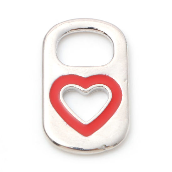 Imagen de Zamak día de San Valentín Colgantes Charms Rectángulo Tono de Plata Rojo Corazón Esmalte 26mm x 15mm, 10 Unidades