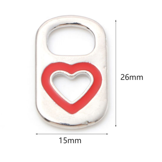 Imagen de Zamak día de San Valentín Colgantes Charms Rectángulo Tono de Plata Rojo Corazón Esmalte 26mm x 15mm, 10 Unidades