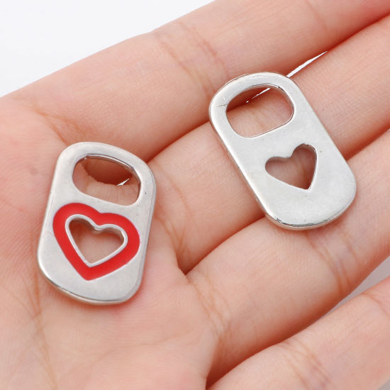 Imagen de Zamak día de San Valentín Colgantes Charms Rectángulo Tono de Plata Rojo Corazón Esmalte 26mm x 15mm, 10 Unidades