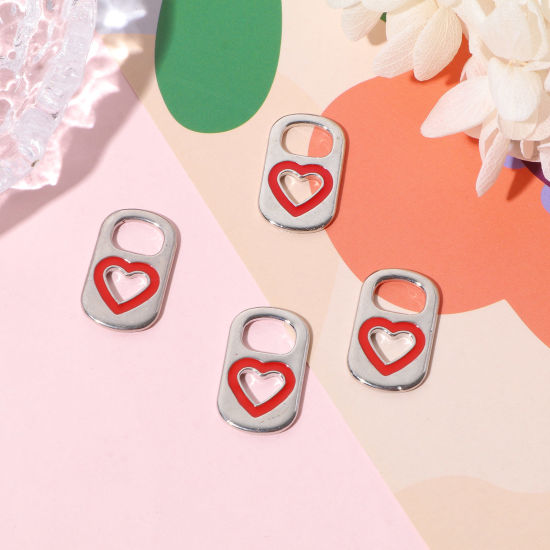 Imagen de Zamak día de San Valentín Colgantes Charms Rectángulo Tono de Plata Rojo Corazón Esmalte 26mm x 15mm, 10 Unidades