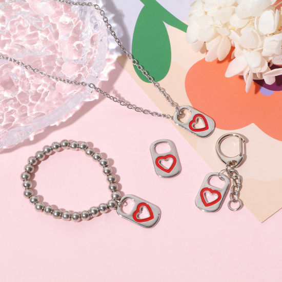 Imagen de Zamak día de San Valentín Colgantes Charms Rectángulo Tono de Plata Rojo Corazón Esmalte 26mm x 15mm, 10 Unidades