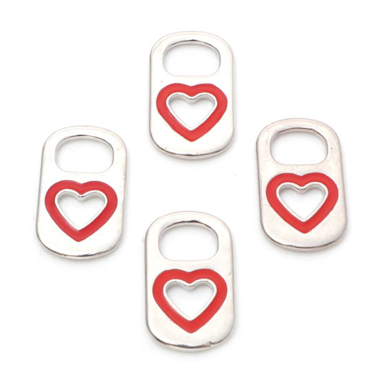 Imagen de Zamak día de San Valentín Colgantes Charms Rectángulo Tono de Plata Rojo Corazón Esmalte 26mm x 15mm, 10 Unidades