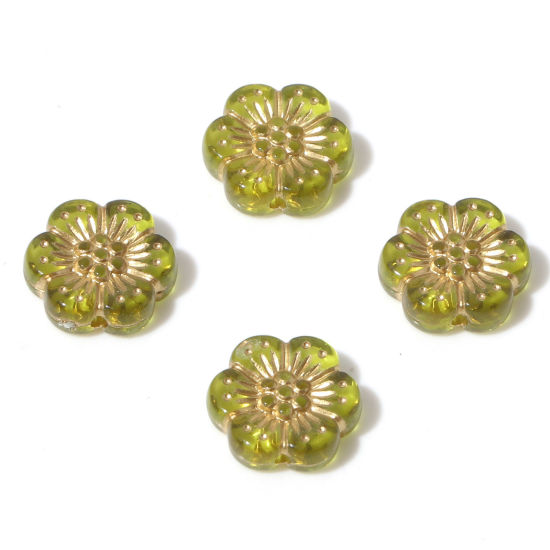 Image de Perles en Acrylique Collection Végétale Vert-Jaune Fleur 13mm x 12mm, Trou: env. 1.2mm, 10 Pcs