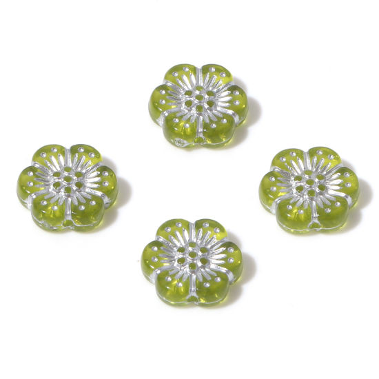 Image de Perles en Acrylique Collection Végétale Vert-Jaune Fleur 13mm x 12mm, Trou: env. 1.2mm, 10 Pcs
