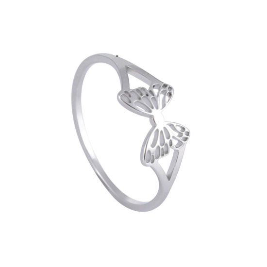 Picture of Titanium Steel Insect Unadjustable Rings Silver Tone Round Butterfly Hollow 17.3mm(US Size 7), 1 Piece