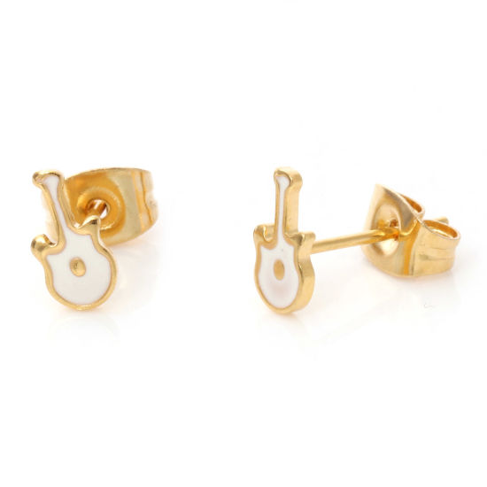 Imagen de 1 Par Enchapado al Vacío 316 Acero Inoxidable Elegante Pendientes Chapado en Oro Blanco Guitarra Instrumento Musical Esmalte 7.9mm x 4mm, Post/ Wire Size: (21 gauge)
