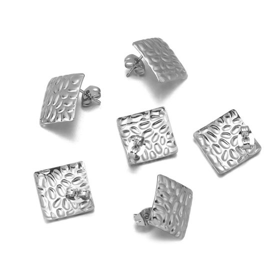 Immagine di 304 Acciaio Inossidabile Orecchini a Perno Tono Argento Quadrato 14mm x 9.5mm, 10 Pz