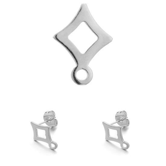 Image de Boucles d'Oreilles Puces en 304 Acier Inoxydable Losange Argent Mat avec Boucle 14mm x 9mm, 10 Pcs