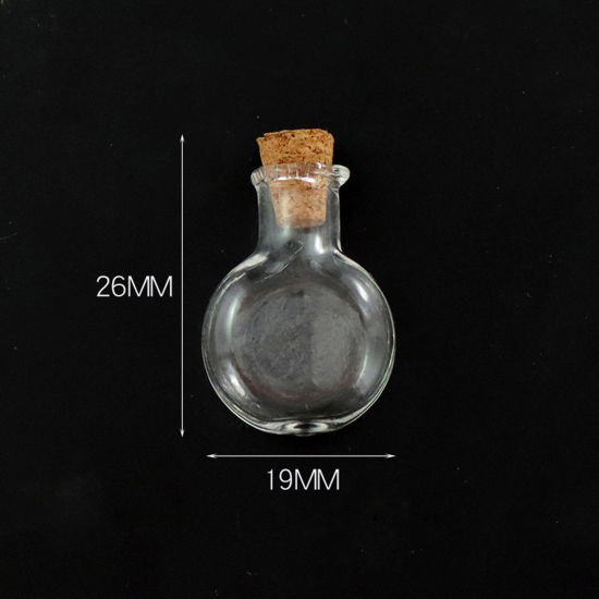 Picture of Wood & Glass Mini Message Wish Bottle Bubble Vial For Earring Ring Necklace Flat Round Transparent Clear 26mm x 19mm, 10 PCs