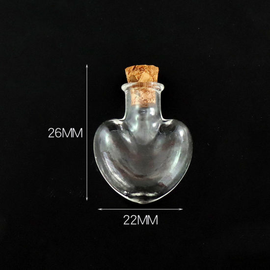 Picture of Wood & Glass Mini Message Wish Bottle Bubble Vial For Earring Ring Necklace Heart Transparent Clear 26mm x 22mm, 10 PCs