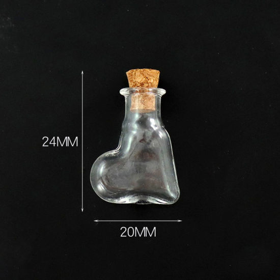 Picture of Wood & Glass Mini Message Wish Bottle Bubble Vial For Earring Ring Necklace Heart Transparent Clear 24mm x 20mm, 10 PCs