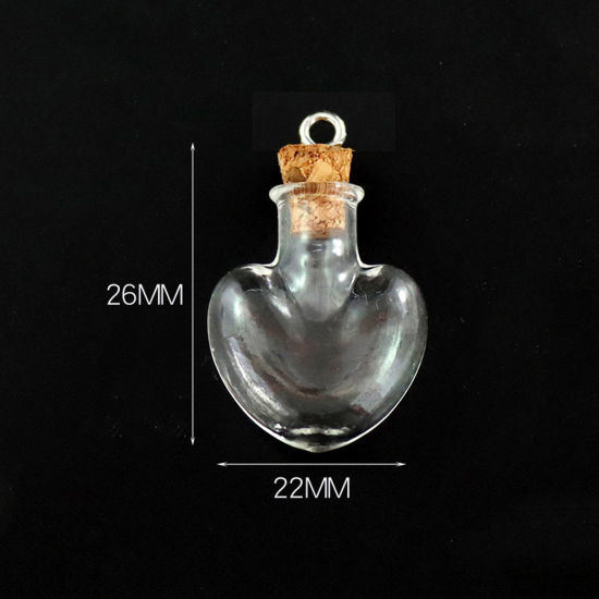 Picture of Wood & Glass Mini Message Wish Bottle Bubble Vial For Earring Ring Necklace Heart Transparent Clear 26mm x 22mm, 10 PCs