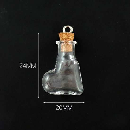 Picture of Wood & Glass & Screw Eyes Bails Mini Message Wish Bottle Bubble Vial For Earring Ring Necklace Heart Transparent Clear 24mm x 20mm, 10 PCs