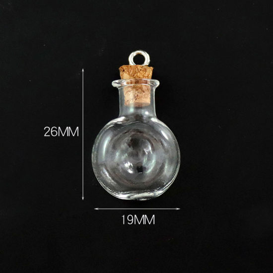 Picture of Wood & Glass & Screw Eyes Bails Mini Message Wish Bottle Bubble Vial For Earring Ring Necklace Wine Bottle Transparent Clear 26mm x 19mm, 10 PCs