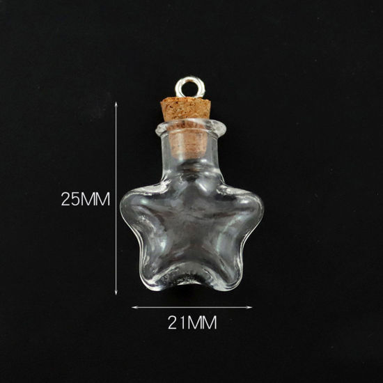 Picture of Wood & Glass & Screw Eyes Bails Mini Message Wish Bottle Bubble Vial For Earring Ring Necklace Pentagram Star Transparent Clear 25mm x 21mm, 10 PCs