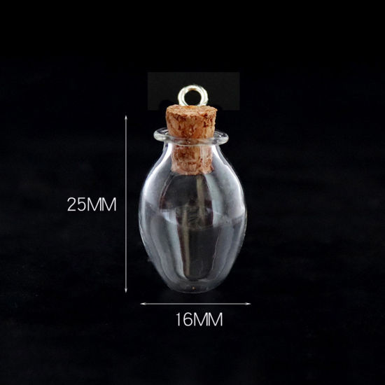 Picture of Wood & Glass & Screw Eyes Bails Mini Message Wish Bottle Bubble Vial For Earring Ring Necklace Oval Transparent Clear 25mm x 16mm, 10 PCs
