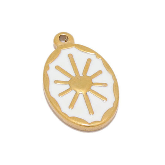 Изображение 304 Нержавеющая Сталь Подвески Овальные Позолоченный Белый Солнце С Эмалью 24мм x 14мм, 2 ШТ