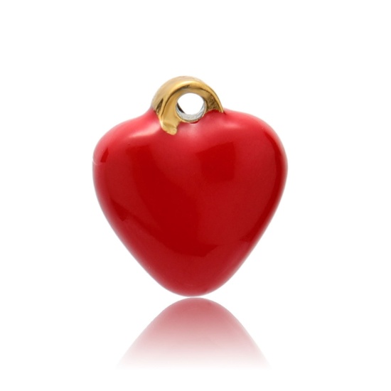 Immagine di 304 Acciaio Inossidabile San Valentino Charms Oro Placcato Rosso Cuore Smalto 13mm x 11mm, 2 Pz