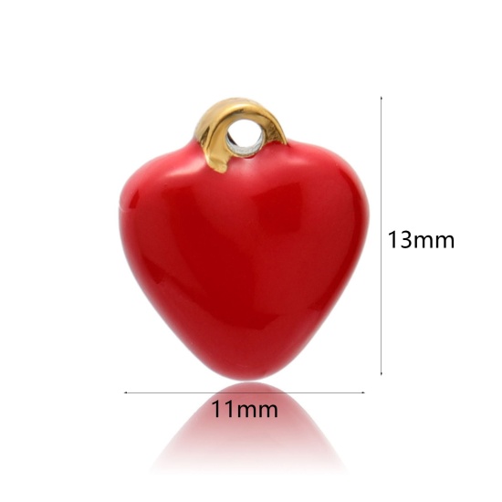 Immagine di 304 Acciaio Inossidabile San Valentino Charms Oro Placcato Rosso Cuore Smalto 13mm x 11mm, 2 Pz