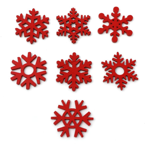 Picture of Wood Embellishments Scrapbooking Christmas Snowflake Red 3.5cm x 3cm, 50 PCs