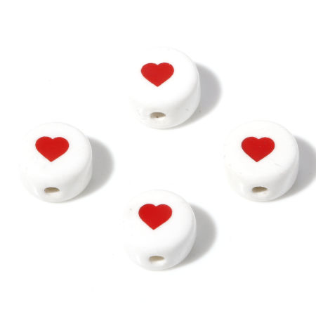 Image de Perles en Céramique La Saint Valentin Plat-Rond Blanc Cœur 10.5mm Dia, Taille de Trou: 1.8mm, 5 Pcs