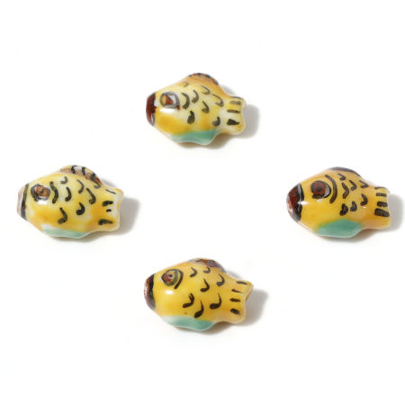 Image de Perles en Céramique Bijoux d'Océan Poisson Jaune Peint 15mm x 12mm, Taille de Trou: 1.4mm, 5 Pcs