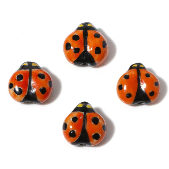 Picture of Ceramic Insect Beads Ladybug Animal Orange Painted About 16mm x 16mm, Hole: Approx 1.6mm, 2 PCs