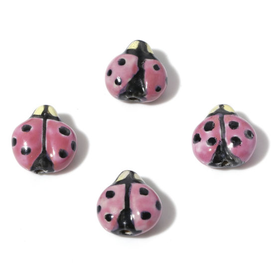 Picture of Ceramic Insect Beads Ladybug Animal Purple Painted About 16mm x 16mm, Hole: Approx 1.6mm, 2 PCs