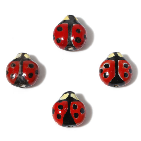 Picture of Ceramic Insect Beads Ladybug Animal Red Painted About 16mm x 16mm, Hole: Approx 1.6mm, 2 PCs