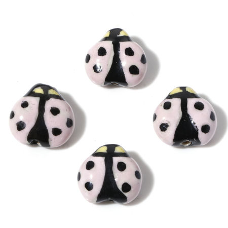 Image de Perles en Céramique Insecte Coccinelle Mauve Peint 16mm x 16mm, Taille de Trou: 1.6mm, 2 Pcs