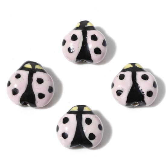 Picture of Ceramic Insect Beads Ladybug Animal Pale Lilac Painted About 16mm x 16mm, Hole: Approx 1.6mm, 2 PCs