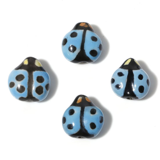 Picture of Ceramic Insect Beads Ladybug Animal Blue Painted About 16mm x 16mm, Hole: Approx 1.6mm, 2 PCs