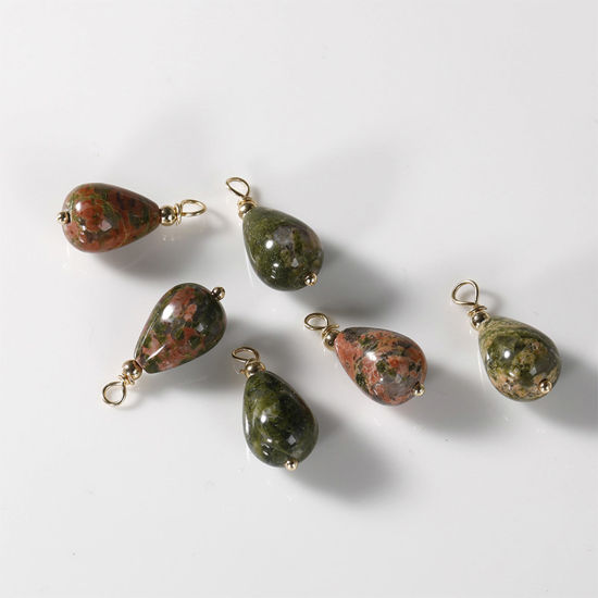 Picture of Unakite ( Natural ) Charms Gold Plated Green Drop 23mm x 10mm, 1 Piece