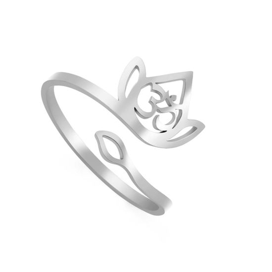 Picture of 304 Stainless Steel Religious Open Adjustable Rings Silver Tone Om/ Aum Symbol Lotus Flower Hollow 17.3mm(US Size 7), 1 Piece