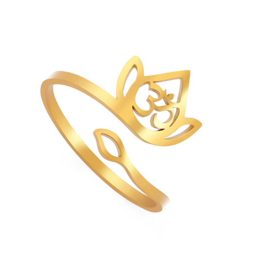 Picture of 304 Stainless Steel Religious Open Adjustable Rings Gold Plated Om/ Aum Symbol Lotus Flower Hollow 17.3mm(US Size 7), 1 Piece