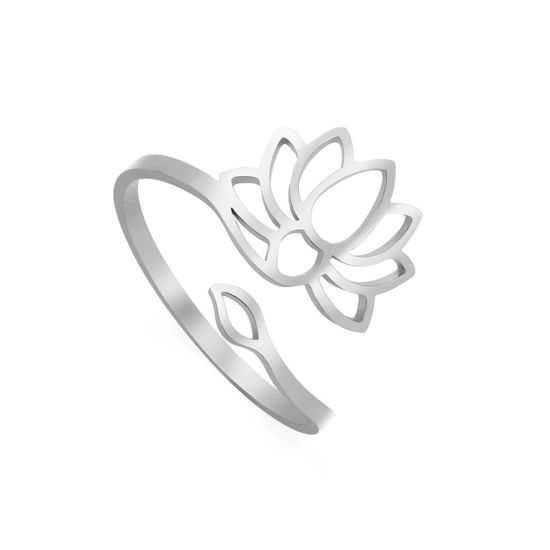 Picture of 304 Stainless Steel Religious Open Adjustable Rings Silver Tone Lotus Flower Hollow 17.3mm(US Size 7), 1 Piece