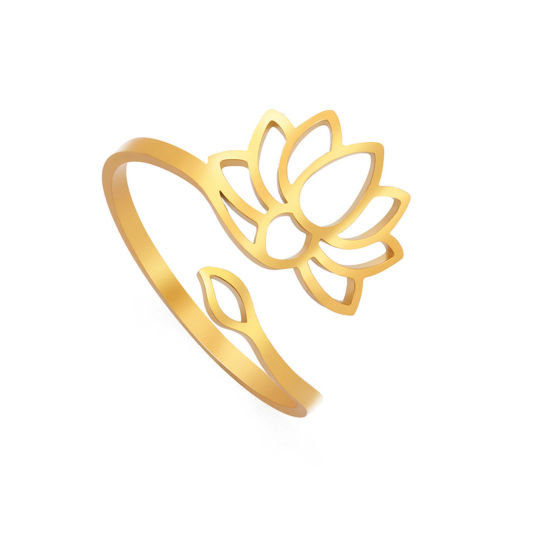 Picture of 304 Stainless Steel Religious Open Adjustable Rings Gold Plated Lotus Flower Hollow 17.3mm(US Size 7), 1 Piece