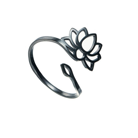Picture of 304 Stainless Steel Religious Open Adjustable Rings Black Lotus Flower Hollow 17.3mm(US Size 7), 1 Piece