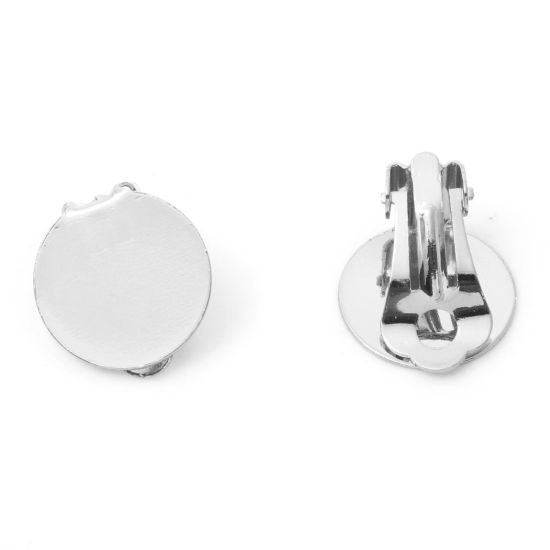 Picture of Brass Non Piercing Clip-on Earrings Real Platinum Plated Round Glue On (Fits 15mm Dia.) 19mm x 15mm, 2 PCs