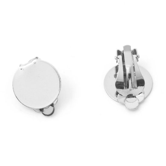 Picture of Brass Non Piercing Clip-on Earrings Real Platinum Plated Round Glue On (Fits 16mm Dia.) 22mm x 16mm, 2 PCs