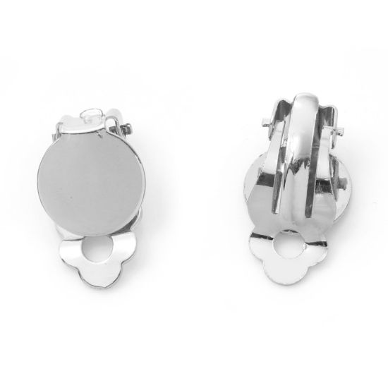 Picture of Brass Non Piercing Clip-on Earrings Real Platinum Plated Round Glue On (Fits 12mm Dia.) 21.5mm x 12mm, 2 PCs