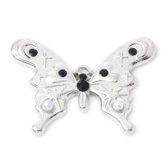 Bild von Zinklegierung Insekt Charms Schmetterling Silberfarbe Schwarz Strass Acryl Imitat Perle 27mm x 20mm, 5 Stück