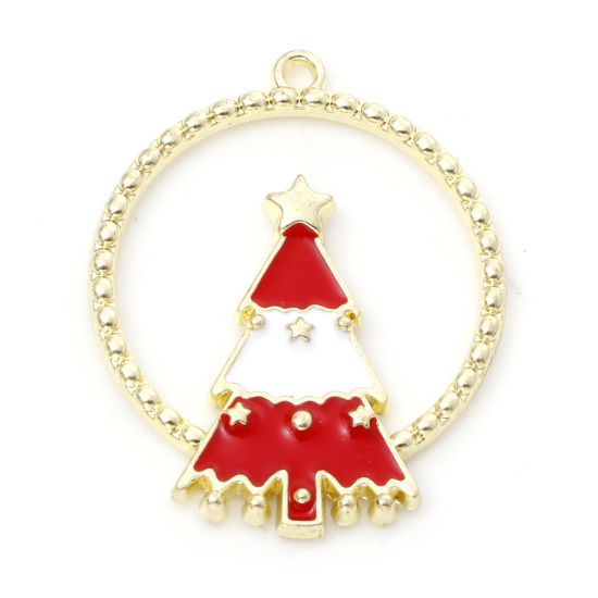 Immagine di Lega di Zinco Charms Tondo Oro Placcato Rosso Albero di Natale Smalto 28mm x 22mm , 10 Pz