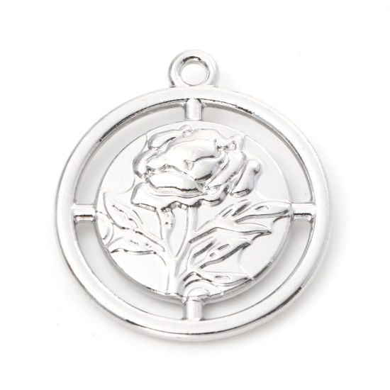 Picture of Zinc Based Alloy Valentine's Day Charms Silver Tone Round Rose Flower Double Sided 23mm x 20mm, 10 PCs