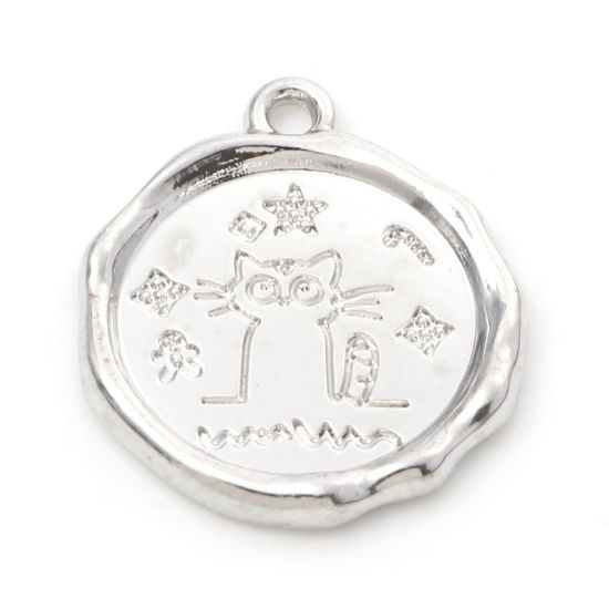 Picture of Zinc Based Alloy Charms Silver Tone Round Cat 21mm x 18mm, 10 PCs