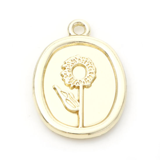 Immagine di Lega di Zinco Charms Ovale Oro Placcato Girasole Doppia Faccia 21mm x 15mm , 10 Pz