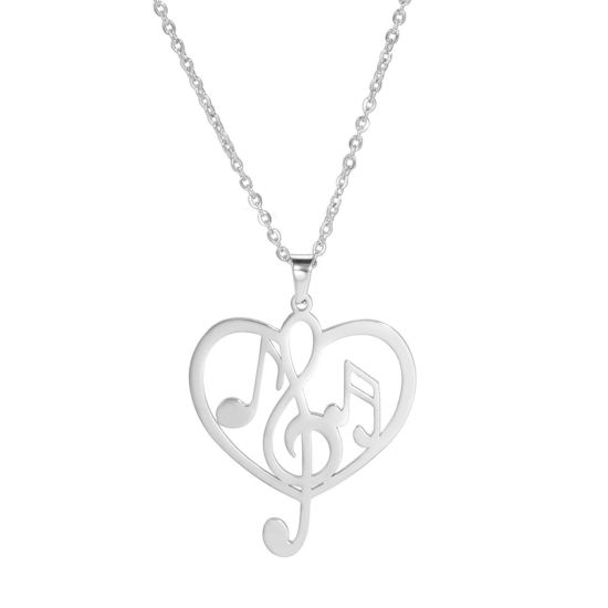 Image de Colliers Chaîne Maille Forçat en 304 Acier Inoxydable Élégant Argent Mat Note Musicale Cœur Creux 45cm Long, 1 Pièce